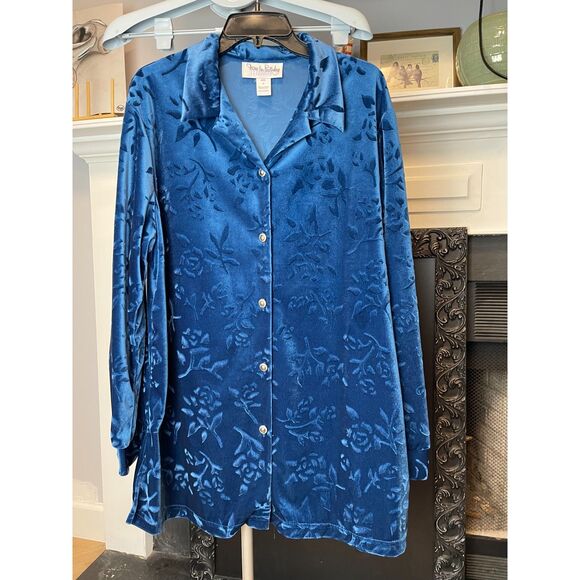 Diane von Fürstenberg Blue Burnout Velvet Button Front Blouse Vintage – 1X - Picture 1 of 4